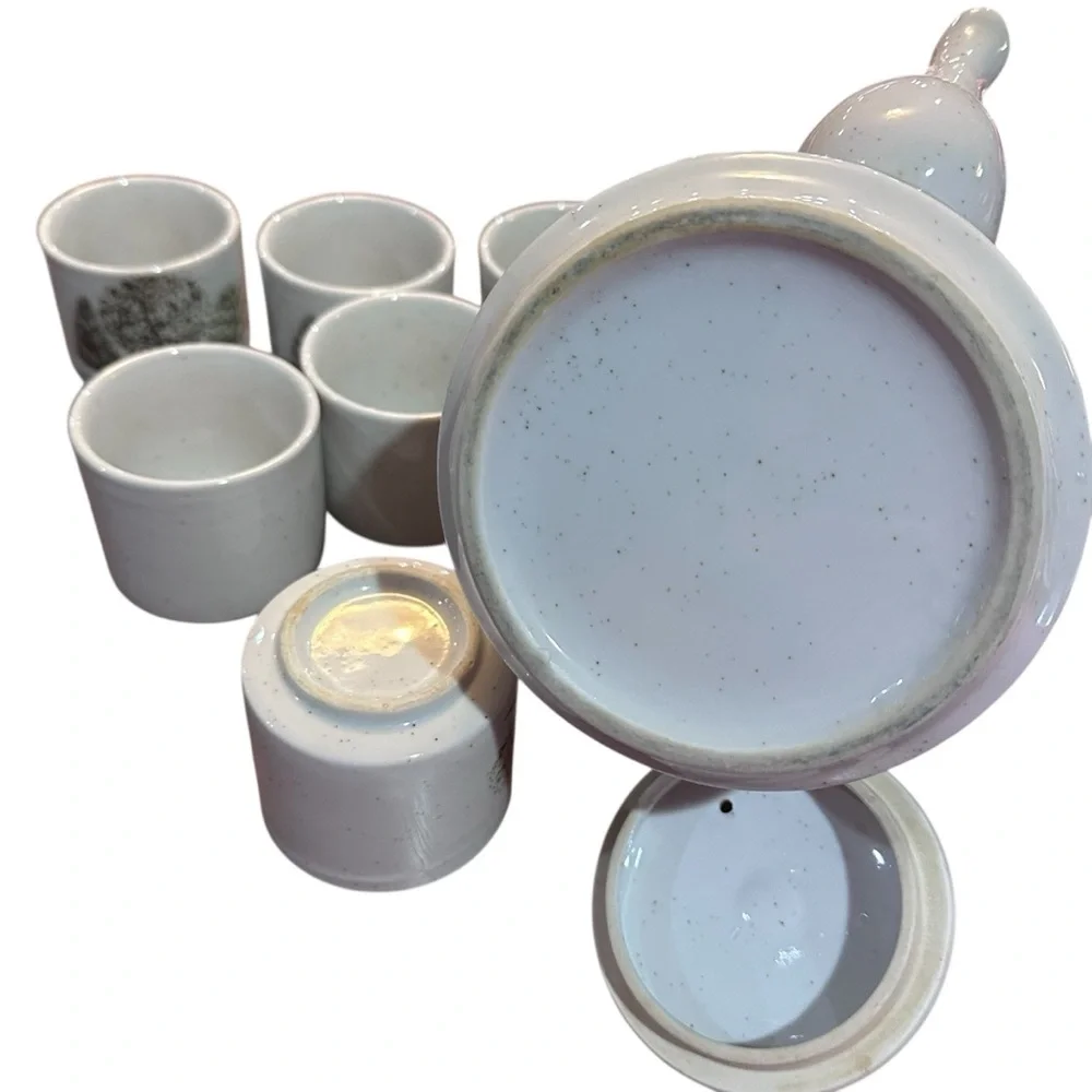 Vintage Style Ceramic Teapot Set with 6 Cups Tree‎ Pattern Woven Handle rustic